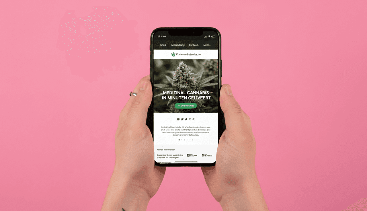 Person hält ein Handy mit der Website in der Hand auf pinkem Hintergrund